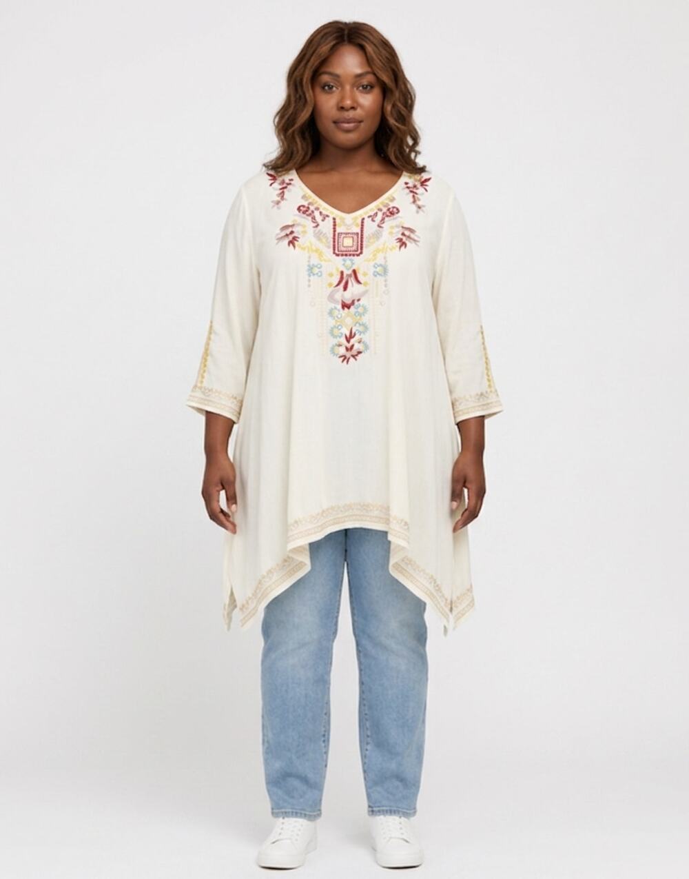 Solitaire 19-1577 Off-Embroidered Hem Tunic Top Women See Measurements
